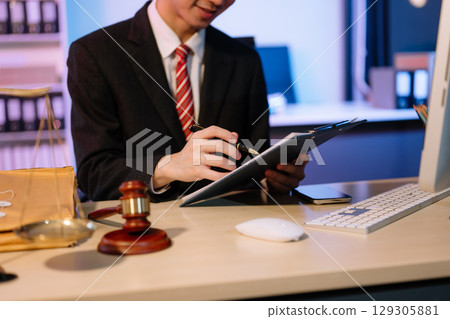 Justice and law concept.Male judge in a courtroom on white table and Counselor Justice and law concept.Male judge in a courtroom on white table and Counselor 129305881