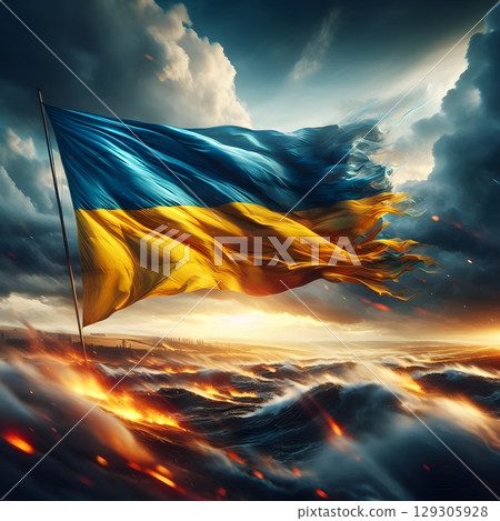 Ukrainian Flag Waving with Dramatic Sky. гse in patriotic, cultural, postcards or backgrounds. 129305928