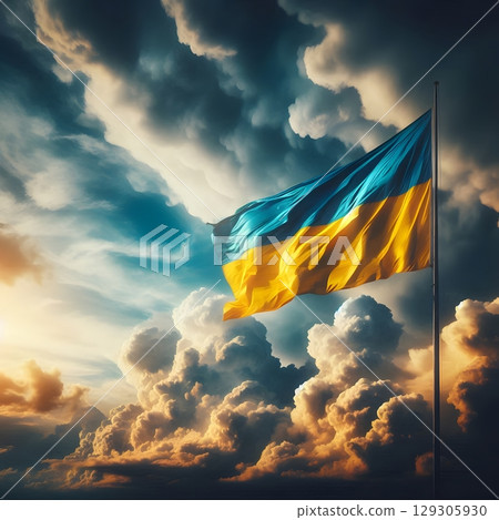 Ukrainian Flag Waving with Dramatic Sky. гse in patriotic, cultural, postcards or backgrounds. 129305930