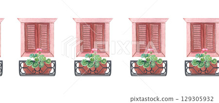 Rustic windows with closed wooden shutters, potted pink geraniums on ornate wrought iron balconies. Hand painted seamless watercolor border. Perfect for Mediterranean-themed textiles, cards, packaging 129305932