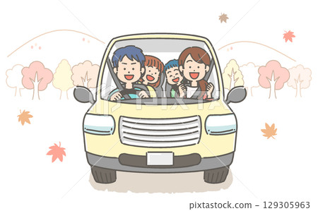 微笑的家庭享受穿越秋葉的旅程/家庭的向量插圖 129305963