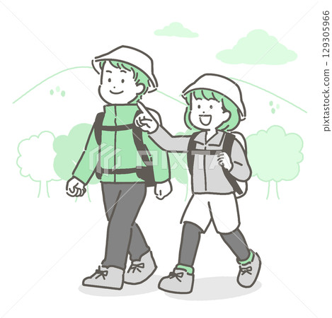 一對年輕夫婦徒步旅行的插圖 129305966