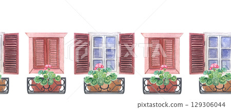 Rustic windows with open and closed wooden shutters, potted geraniums on wrought iron balconies. Seamless watercolor border isolated on white. Perfect for Mediterranean-themed textiles, cards 129306044