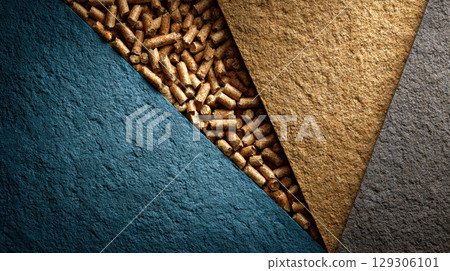 Wood pellets arranged between textured surfaces in blue, gold, and gray create striking geometric pattern 129306101