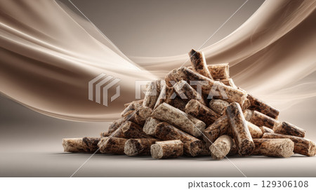 Pile of wood pellets is arranged against soft, flowing fabric background, creating contrast between solid and fluid textures Pile of wood pellets is arranged against soft, flowing fabric background, creating contrast between solid and fluid textures 129306108