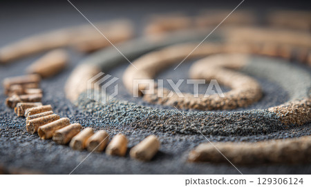 Spiral pattern made of sand and small wooden pieces on textured surface, creating abstract and artistic design 129306124