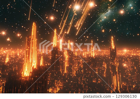 Glowing city illuminates the sky as shooting stars cascade through the night 129306130