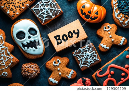 Variety of homemade gingerbread cookies with Halloween designs arranged on a dark background 129306209
