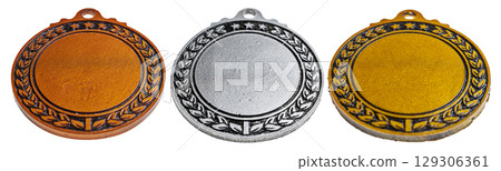 Set of bronze, silver, and golden award medals isolated over a white background. Copy space. Symbol of achievement, recognition, or competition Set of bronze, silver, and golden award medals isolated over a white background. Copy space. Symbol of achievement, recognition, or competition 129306361