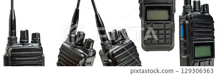 Set of black walkie talkie radio communication devices isolated over a white background 129306363