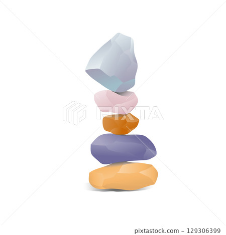 Stack of colorful balancing zen stones, a stack of five colorful, smooth, and irregularly shaped stones balanced vertically 129306399