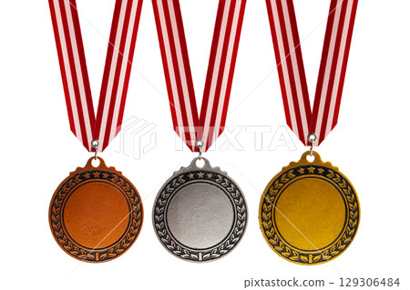 Set of the bronze, silver, and golden award medals suspended from a red and white striped ribbon isolated over a white background. Copy space. Symbol of achievement, recognition, or competition 129306484