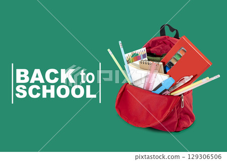 The backpack opens with the arrangement of school supplies and a message of Back to School on a colored background. Concept of Back to School The backpack opens with the arrangement of school supplies and a message of Back to School on a colored background. Concept of Back to School 129306506