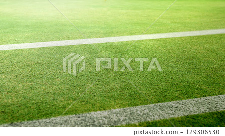 Yard line on the turf of an American football green field stadium 129306530