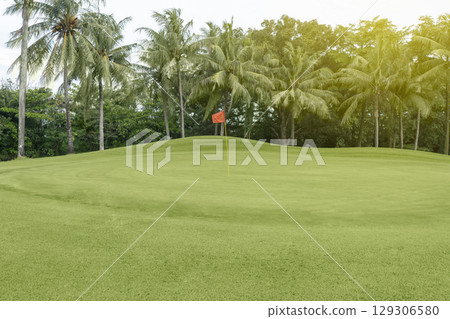Green golf course on a sunny day with trees and a blue sky background. Sport or natural background Green golf course on a sunny day with trees and a blue sky background. Sport or natural background 129306580