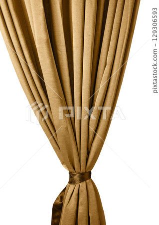 Golden satin silk curtain isolated over a white background. Material textile surface. Copy space Golden satin silk curtain isolated over a white background. Material textile surface. Copy space 129306593