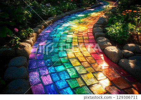 Exploring a vibrant dreamscape with rainbow mosaic ground and lush green trees 129306711