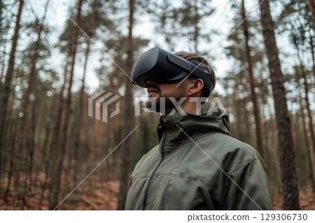 Man using virtual reality headset in a dense forest during a calm afternoon 129306730