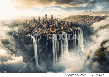 City of clouds with majestic waterfalls cascading into the abyss under a serene sky at twilight City of clouds with majestic waterfalls cascading into the abyss under a serene sky at twilight 129306745