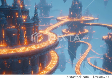 Floating city with geometric design illuminated at dusk above a tranquil landscape 129306754