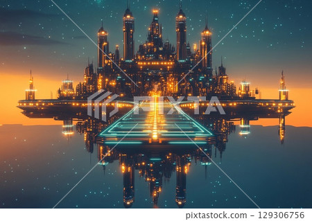 Floating city with geometric design illuminated at dusk above a tranquil landscape 129306756