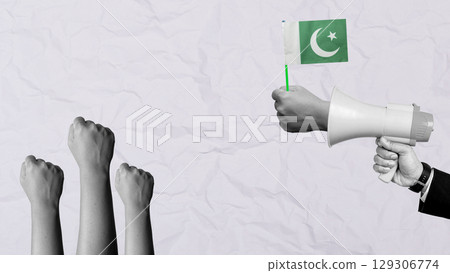 Human hand holding a megaphone and the Pakistan national flag. Concept of Pakistan Independence Day. Collage art 129306774