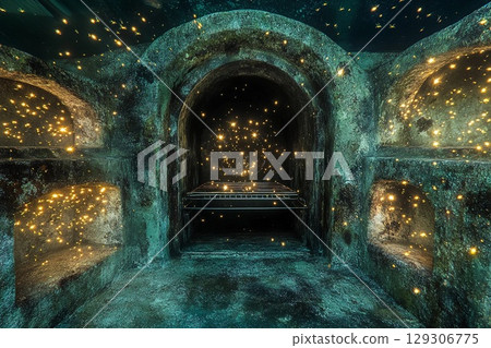 Underwater oven surrounded by magical fireflies illuminating the ancient walls in a mystical setting 129306775