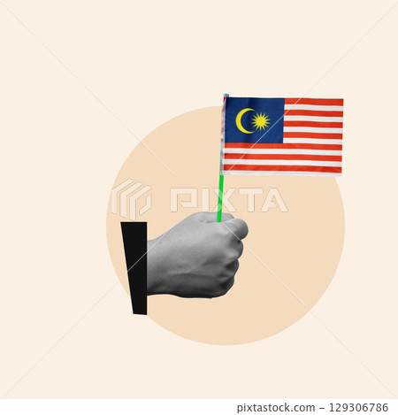 Human hand holding the Malaysian flag to celebrate Malaysia Independence Day. Collage art 129306786