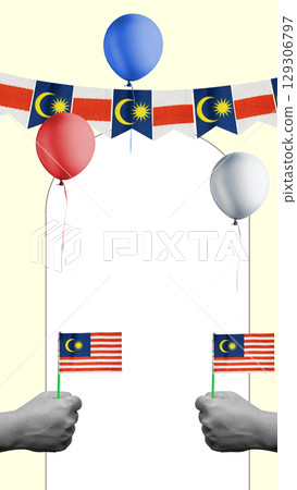 Human hand holding the Malaysian flag to celebrate Malaysia Independence Day. Collage art Human hand holding the Malaysian flag to celebrate Malaysia Independence Day. Collage art 129306797