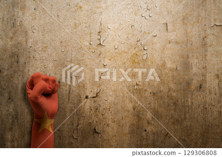 Vietnam flag color on human hands to celebrate Vietnam Independence Day. Collage art 129306808