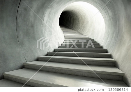 Steps lead into an endless circular tunnel creating a mysterious atmosphere with a sense of depth and intrigue 129306814