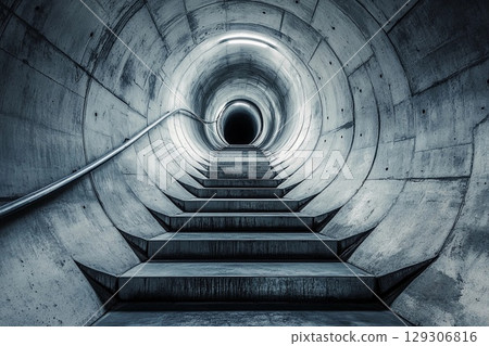 Steps lead into an endless circular tunnel creating a mysterious atmosphere with a sense of depth and intrigue 129306816