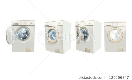 Set of a washing machine with a different angle view isolated over a white background. Home appliance Set of a washing machine with a different angle view isolated over a white background. Home appliance 129306847