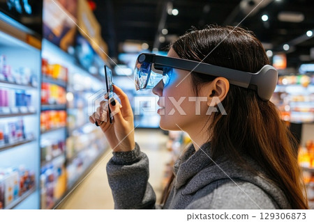 Shopper explores supermarket aisles with augmented reality glasses for product information and details 129306873