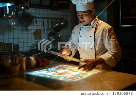 Chef engages with holographic recipe book while preparing meals in a modern kitchen 129306878