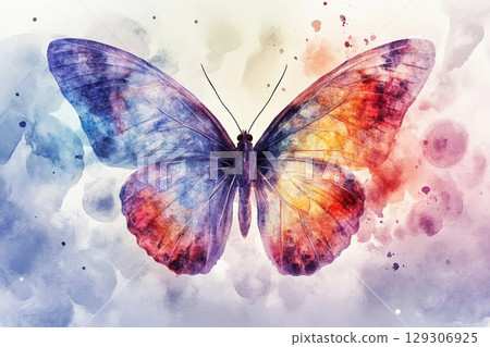 Watercolor butterfly with wings dissolving into air captures vibrant colors in motion 129306925