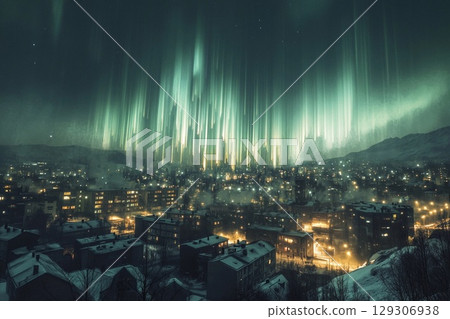 Aurora-like phenomenon illuminates city skyline with vibrant lights against a darkening twilight backdrop Aurora-like phenomenon illuminates city skyline with vibrant lights against a darkening twilight backdrop 129306938