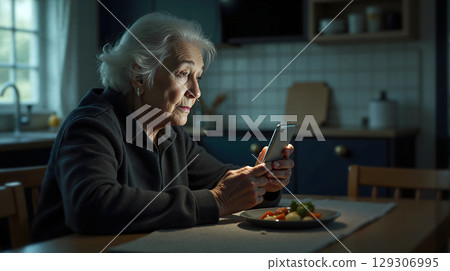 Elderly Woman Using Smartphone at Dinner. 129306995