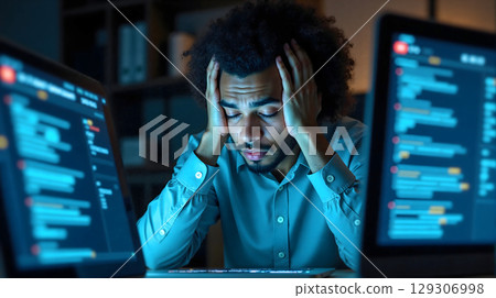 A Stressed African American Programmer at Night. 129306998