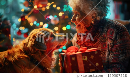 Cheerful elderly women  and dog celebrate Christmas, opening bright red gift 129307218