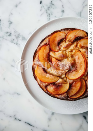 Tasty nectarine dessert on white plate placed on marble table 129307222