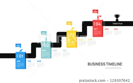 Business timeline infographic template. Modern milestone element timeline diagram calendar and 4 quarter steps, vector infographics. Business timeline infographic template. Modern milestone element timeline diagram calendar and 4 quarter steps, vector infographics. 129307642