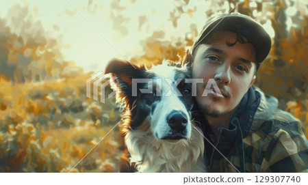 Man taking selfie with his border collies outdoors, happy pet moment 129307740