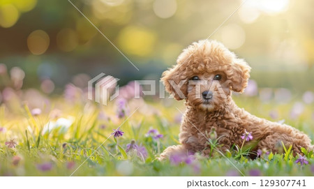 Puppy surrounded by lilac flowers on meadow, suitable for summer, pet companionship, and nature 129307741