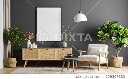A colored frame on the living room wall 129307883