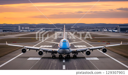 噴氣式飛機在日落時降落 噴氣式飛機在日落時降落 129307901