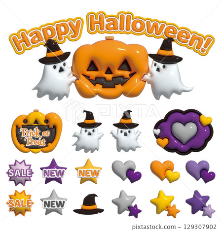 Halloween Plump 3D Icon, Decoration, and Frame Set with Text 129307902