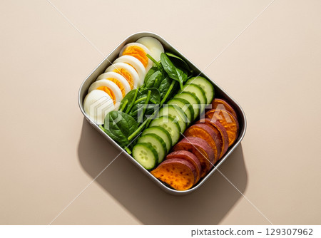 Egg and Vegetable Salad Lunchbox with Spinach, Cucumber, and Sweet Potato 129307962