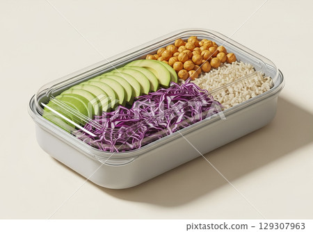 Vegan Lunchbox with Green Apple, Chickpeas, Red Cabbage, and Brown Rice 129307963