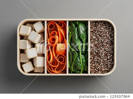 Tofu and Quinoa Lunchbox with Spinach and Carrot Ribbons 129307964